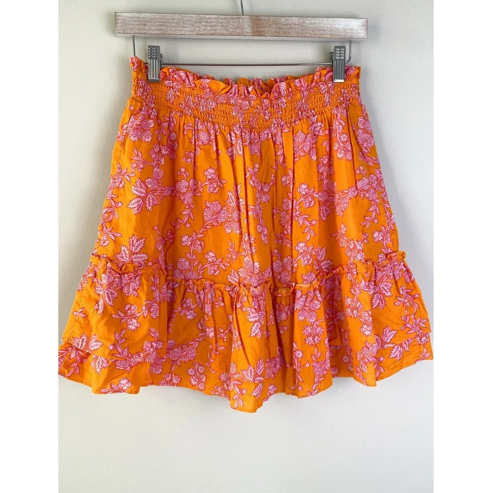 J Crew Ruffle Smocked Waist Mini Skirt‎ Sleeveless Button Up Blouse Set S Orange - Picture 12 of 16
